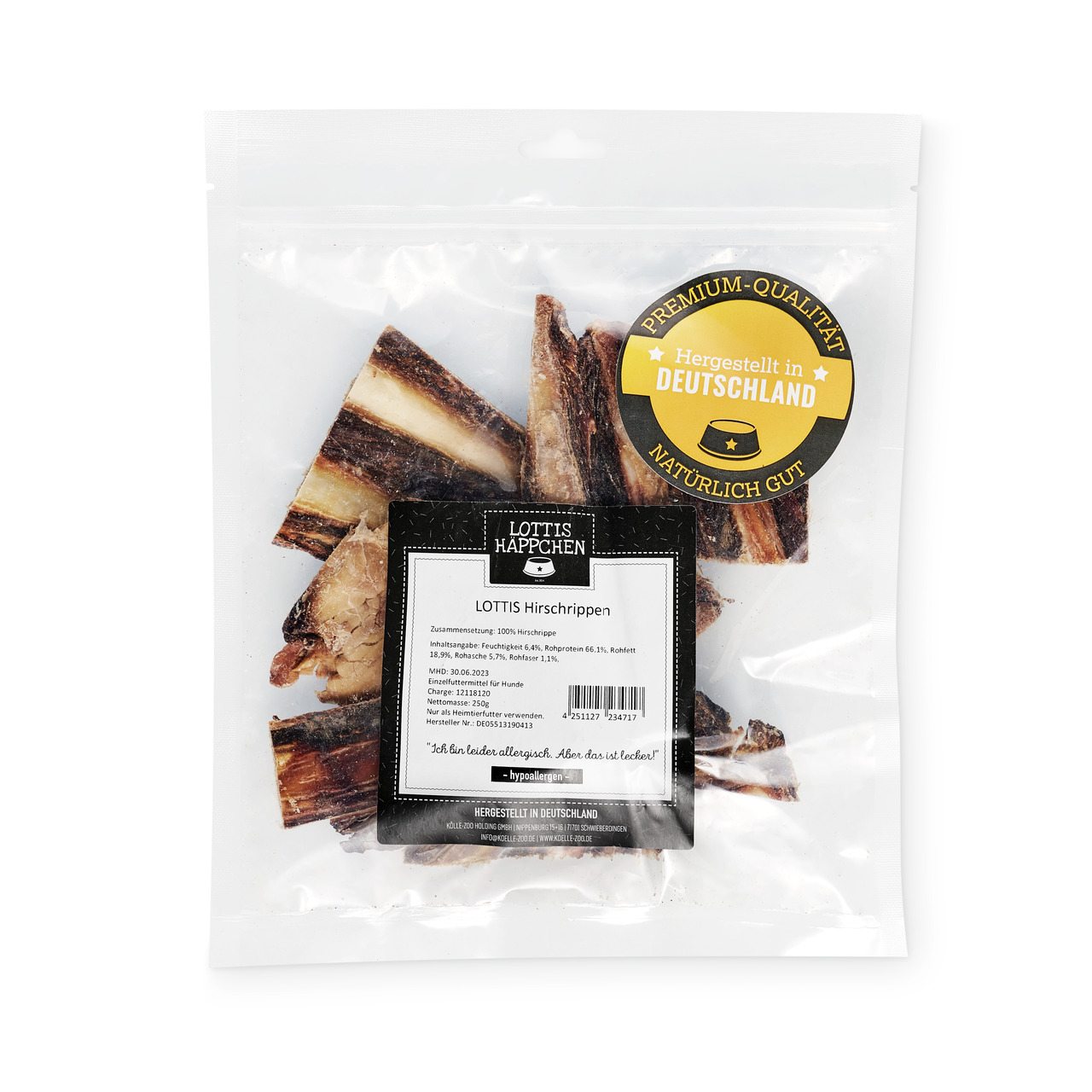 Lottis Häppchen Hirschrippen, für Hunde, 300 g, 100 % natürliche Zutaten, Premium-Qualität, hergestellt in Deutschland.