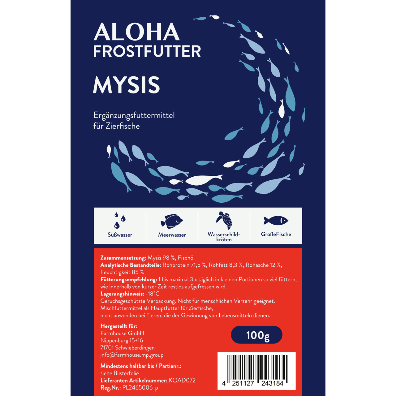 ALOHA Frostfutter Mysis, Ergänzungsfutter für Zierfische, Süß--Meerwasserfische & Schildkröten, 100 g, 98 % Mysis, tiefgefroren.