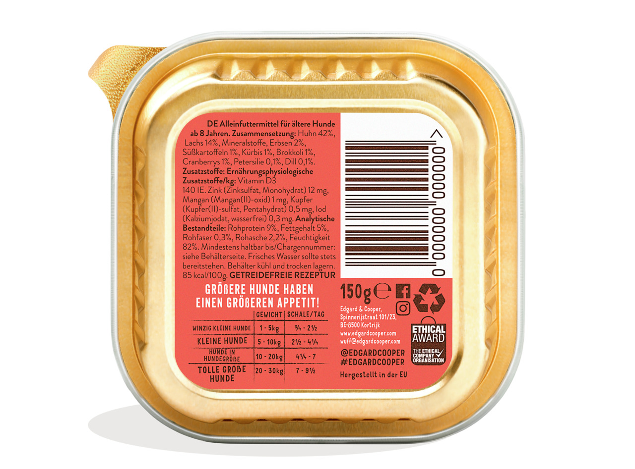 Edgard & Cooper Hundefutter, Senioren ab 8 J., Huhn (42 %), Lachs (14 %), getreidefrei, mit Gemüse & Kräutern, 150 g.