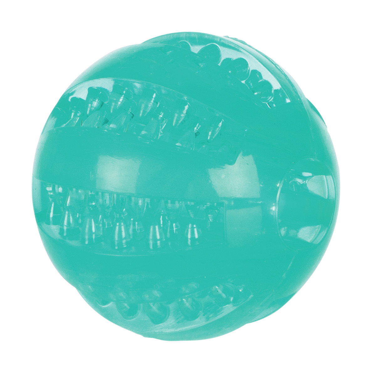 Das Bild zeigt den TRIXIE Hundespielzeug-Ball in Türkis, geeignet für Hunde aller Größen. Der Ball besteht aus robustem Kunststoff mit strukturierter Oberfläche, die zur Zahnreinigung beiträgt. Ideal für interaktives Spielen und Zahnpflege. Durchmesser ca