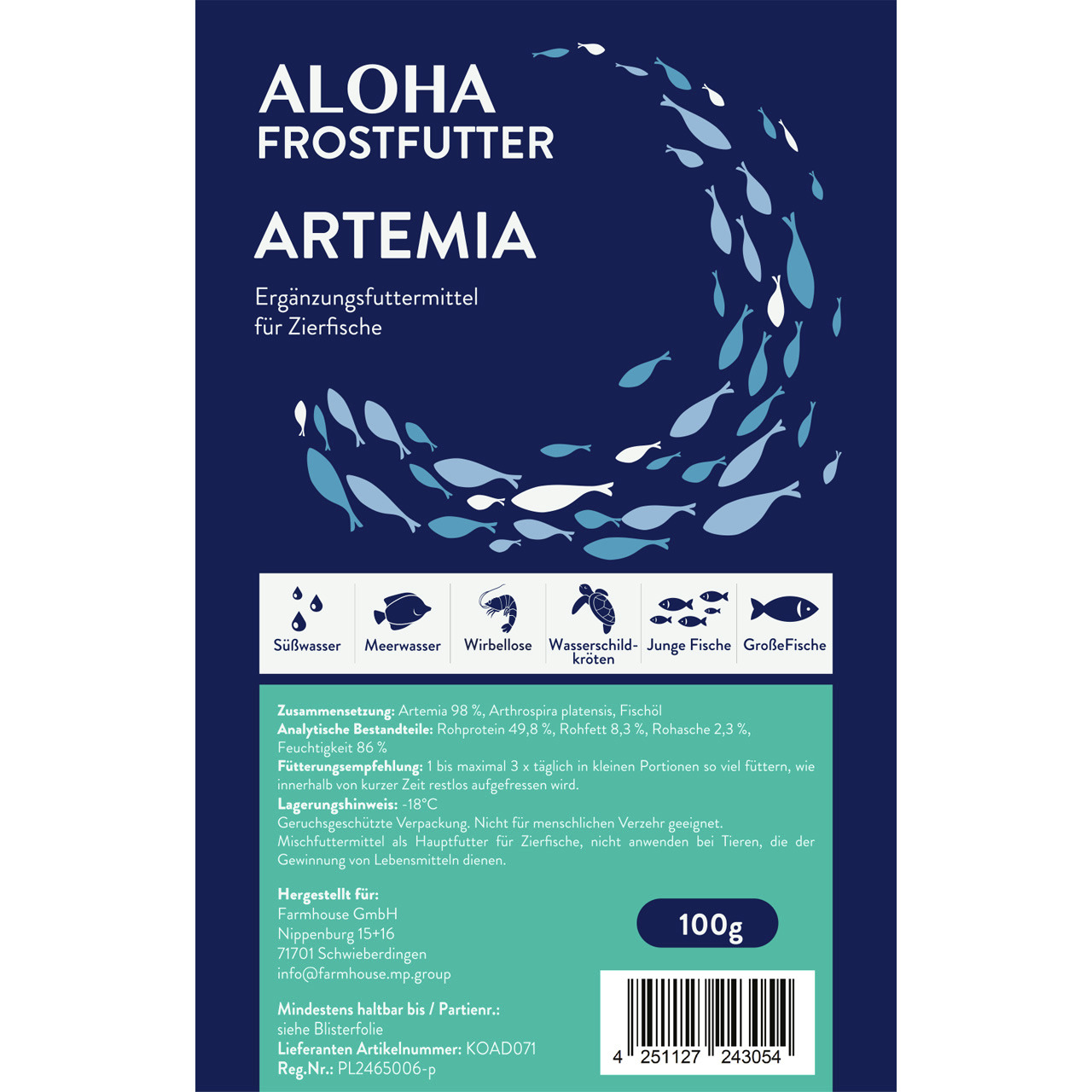 Das Bild zeigt die Verpackung des Produkts "ALOHA Frostfutter Artemia", ein Ergänzungsfuttermittel für Zierfische. Zielgruppe sind Süß- und Meerwasserfische, Wirbellose, Wasserschildkröten sowie junge und große Fische. Die Verpackung enthält 100 g. Hauptb