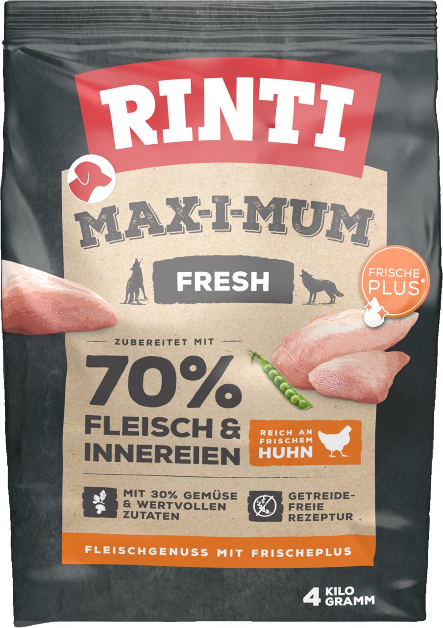 RINTI Max-i-Mum Fresh Hundefutter Huhn, getreidefrei, mit 70% Fleisch, 30% Gemüse, für Hunde, 4 kg Packung.