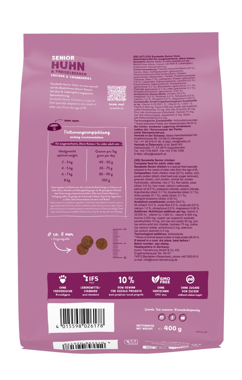 Sanabelle Senior Huhn & Preiselbeeren, für Katzen ab 8 J., 400 g, ohne Zuckerzusatz, ohne Gentechnik, 10 % für soziale Projekte.