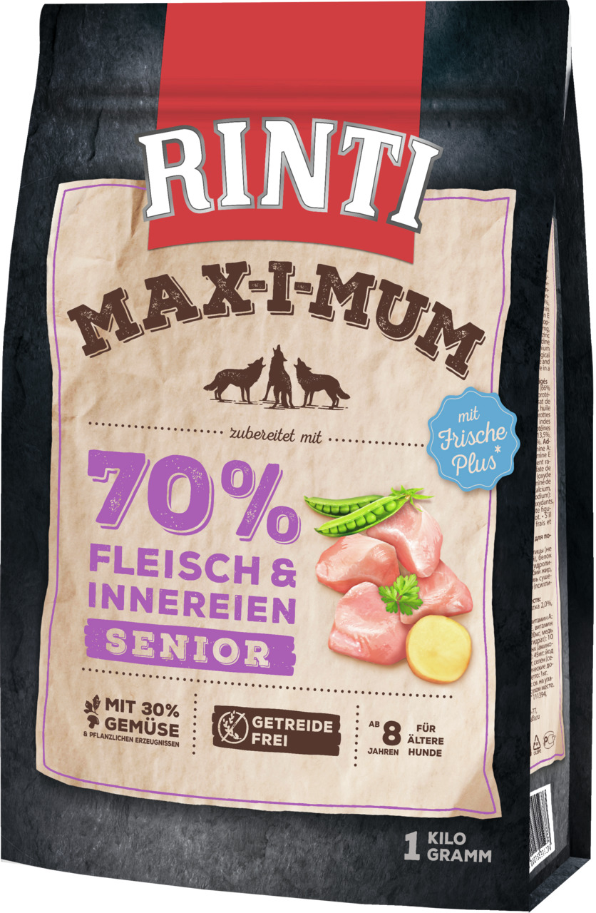 RINTI Max-i-mum Senior Hundefutter, Huhn, für Hunde ab 8 J., 70 % Fleisch, 30 % Gemüse, getreidefrei, „Frische Plus“, 1 kg.
