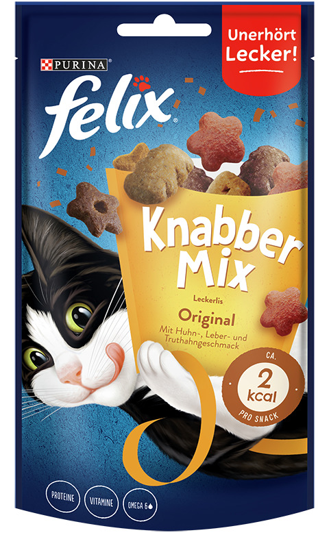 Purina Felix Knabber Mix Original, Katzenleckerlis, Huhn/Leber/Truthahn, "Unverhofft Lecker!", ca. 2 kcal/Snack, Proteine, Vitamine, Omega-6.