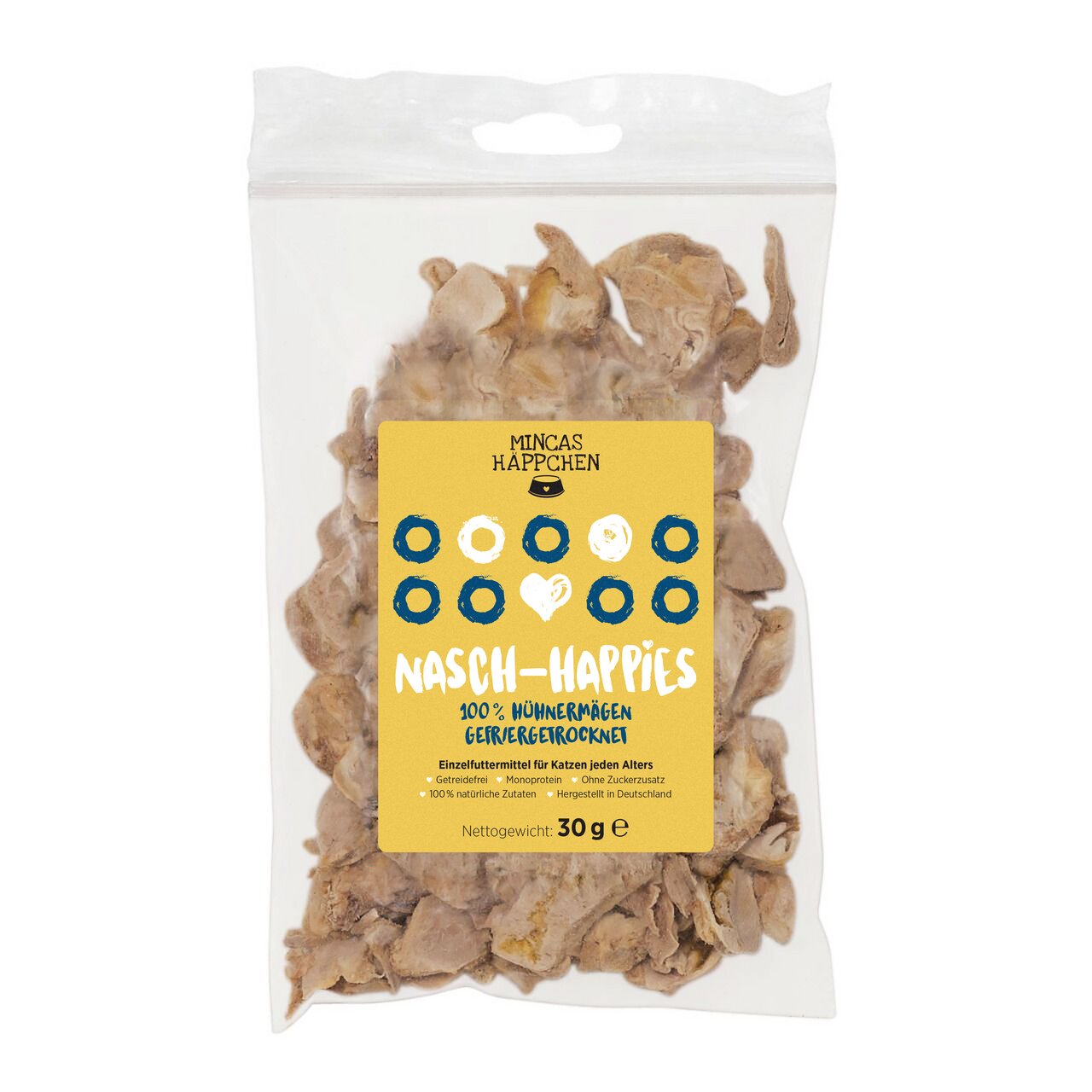 MINCAS HÄPPCHEN Nasch-Happies, gefriergetr. Hühnermägen, Einzelfutter f. Katzen, getreidefrei, 30 g, ohne Zuckerzusatz u. künstl. Aromen.