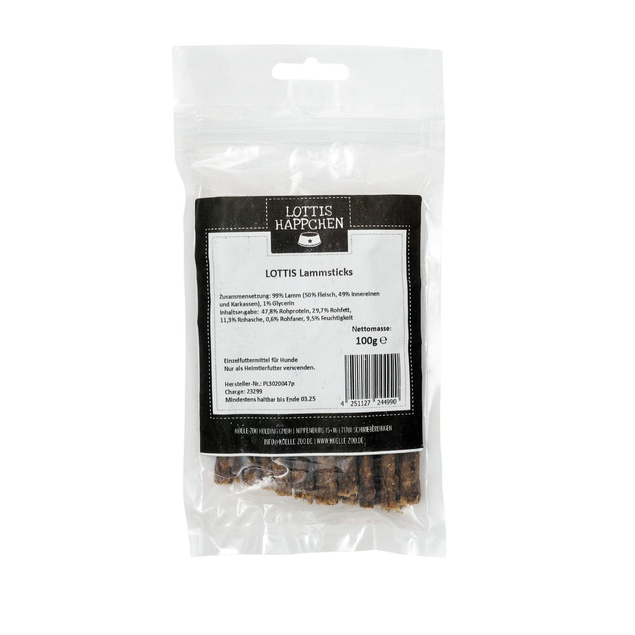 Das Bild zeigt eine transparente Verpackung mit der Aufschrift „LOTTIS HÄPPCHEN Lammsticks“. Es handelt sich um ein Einzelfuttermittel für Hunde. Die Sticks bestehen zu 99 % aus Lamm (50 % Fleisch, 49 % Innereien und Karkassen) und sind in einer Menge von