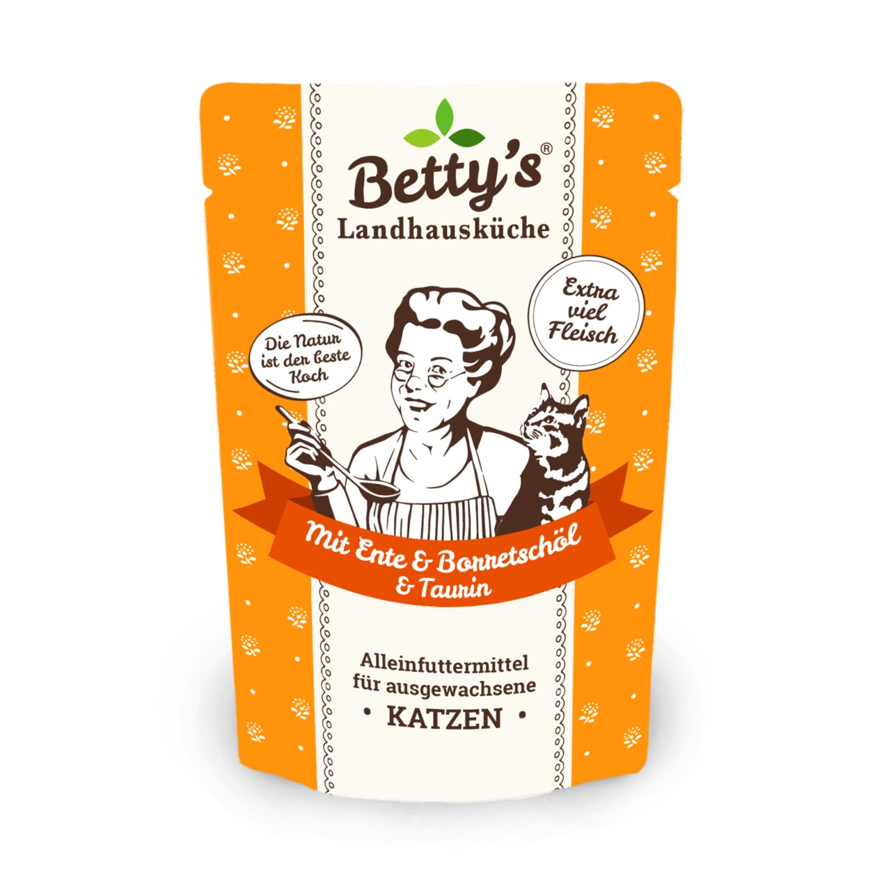 Betty's Landhausküche Katzenfutter für ausgewachsene Katzen, Ente mit Brennnessel & Taurin, Extra viel Fleisch, Beutel.