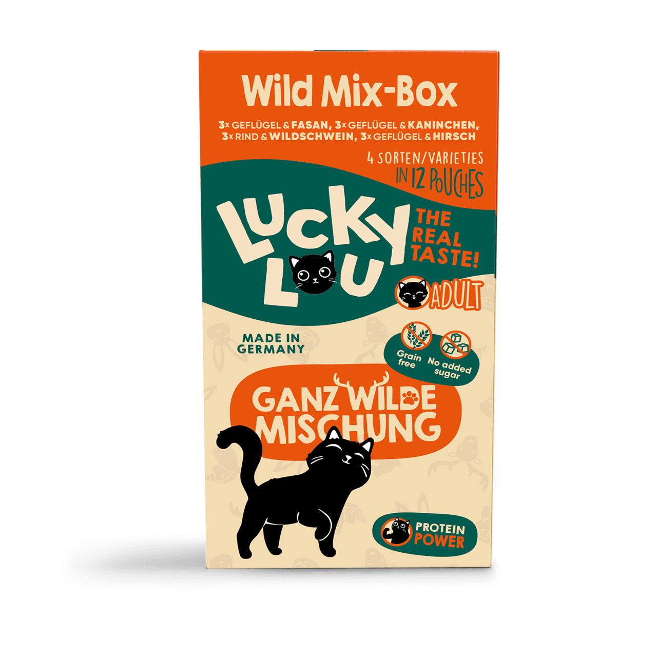 Lucky Lou Wild Mix-Box, Katzen, 12 Beutel, 4 Sorten (Geflügel-Fasan, Kaninchen, Rind-Wildschwein, Hirsch), getreidefrei, proteinreich.