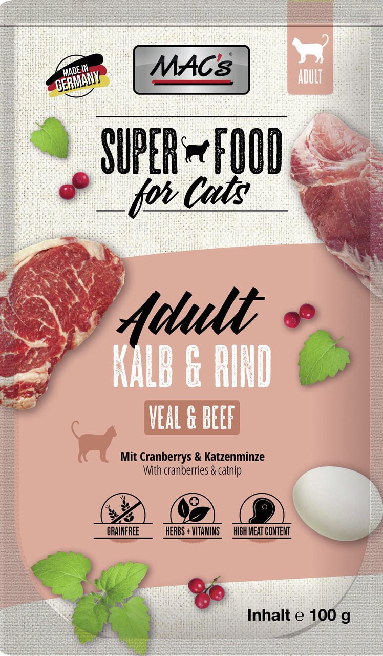 MAC's Superfood for Cats Adult Kalb & Rind, für ausgewachsene Katzen, getreidefrei, mit Cranberrys & Katzenminze, 100 g.