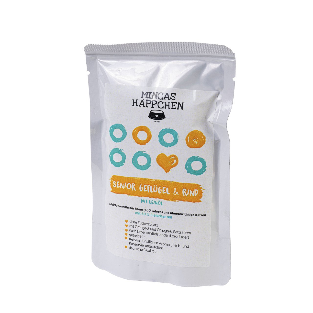 MINCAS HÄPPCHEN Senior Geflügel & Rind mit Leinöl, für Katzen ab 7 J., 69 % Fleisch, Omega-3/-6, ohne Zuckerzusatz.