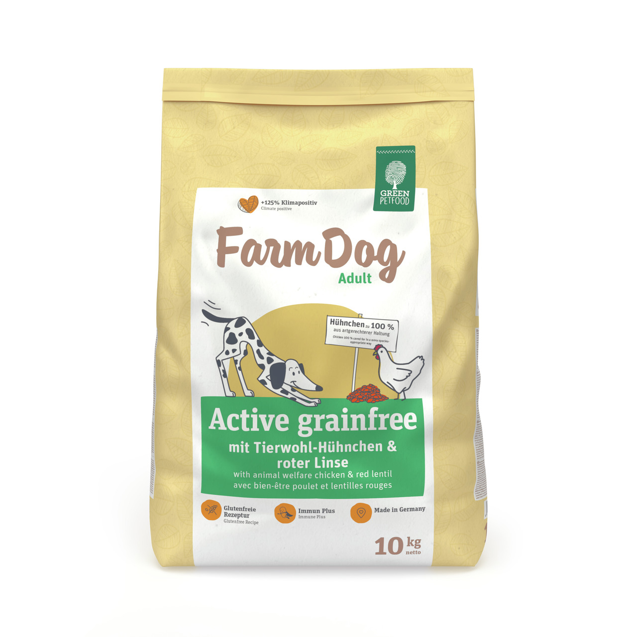 Green Petfood FarmDog Active grainfree, 10 kg, für erw. Hunde, Tierwohl-Hühnchen & rote Linsen, glutenfrei, mit „Immune Plus“, Made in DE.