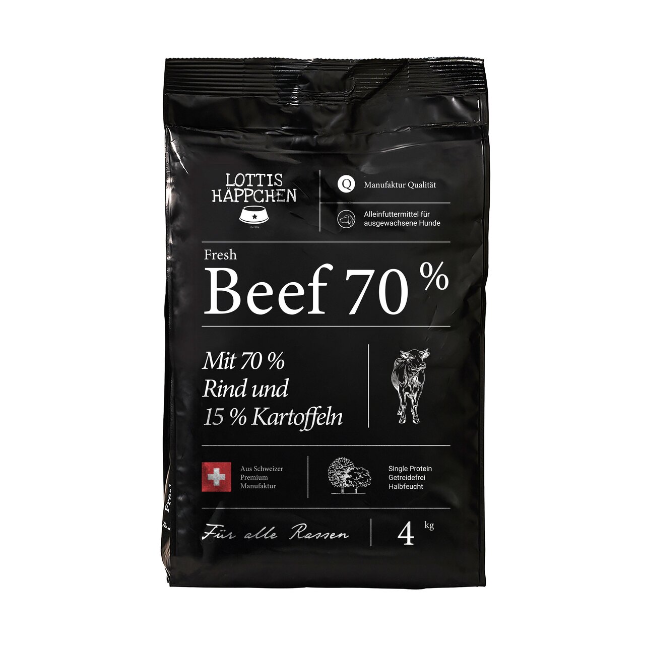 Lottis Häppchen Fresh Beef 70%: Alleinfutter f. erw. Hunde, 70% Rind, getreidefrei, Single-Protein, halbfeucht, 4 kg, Premium CH-Manufaktur.