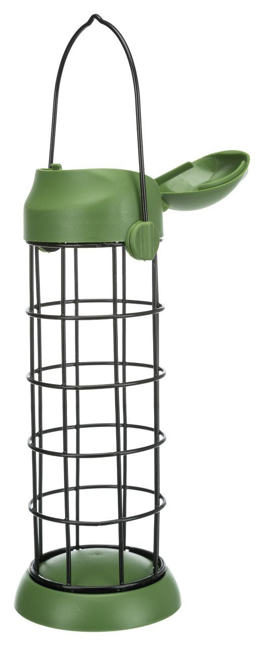 Grüner TRIXIE Meisenknödelhalter für Wildvögel mit schwarzem Metallgitter und Aufhängevorrichtung. Geeignet für die Fütterung von Wildvögeln im Garten. Der Halter hat eine praktische Abdeckung und bietet Platz für mehrere Meisenknödel. Ideal für Naturlieb