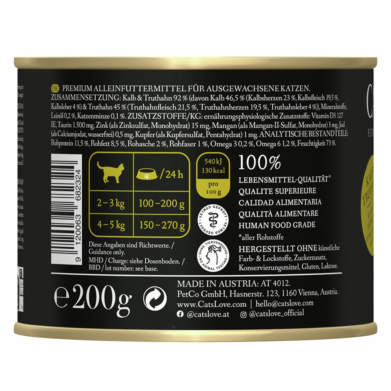 Cat's Love Kalb & Truthahn Nassfutter für ausgewachsene Katzen, 200 g, 100 % Lebensmittelqualität, ohne künstliche Zusätze.