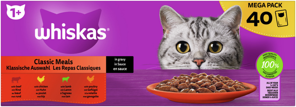 Whiskas Classic Meals Mega-Pack, Katzen ab 1 Jahr, Rind/Huhn/Lamm/Geflügel in Sauce, 40 Portionsbeutel.