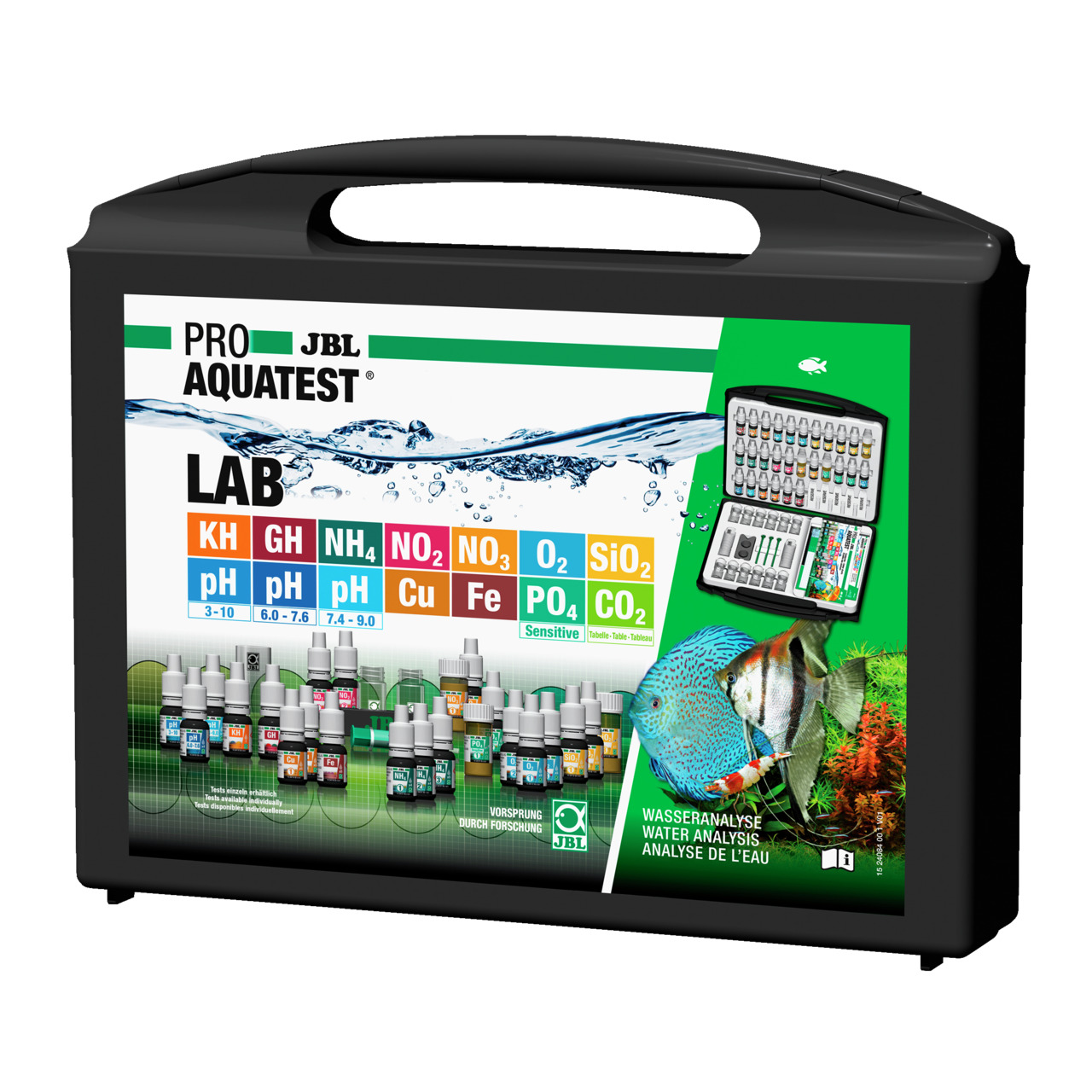 JBL ProAquaTest Lab: Wassertest-Set für Aquarien (KH, GH, pH, NO2, NO3, CO2 u.a.), inkl. Zubehör im schwarzen Koffer.