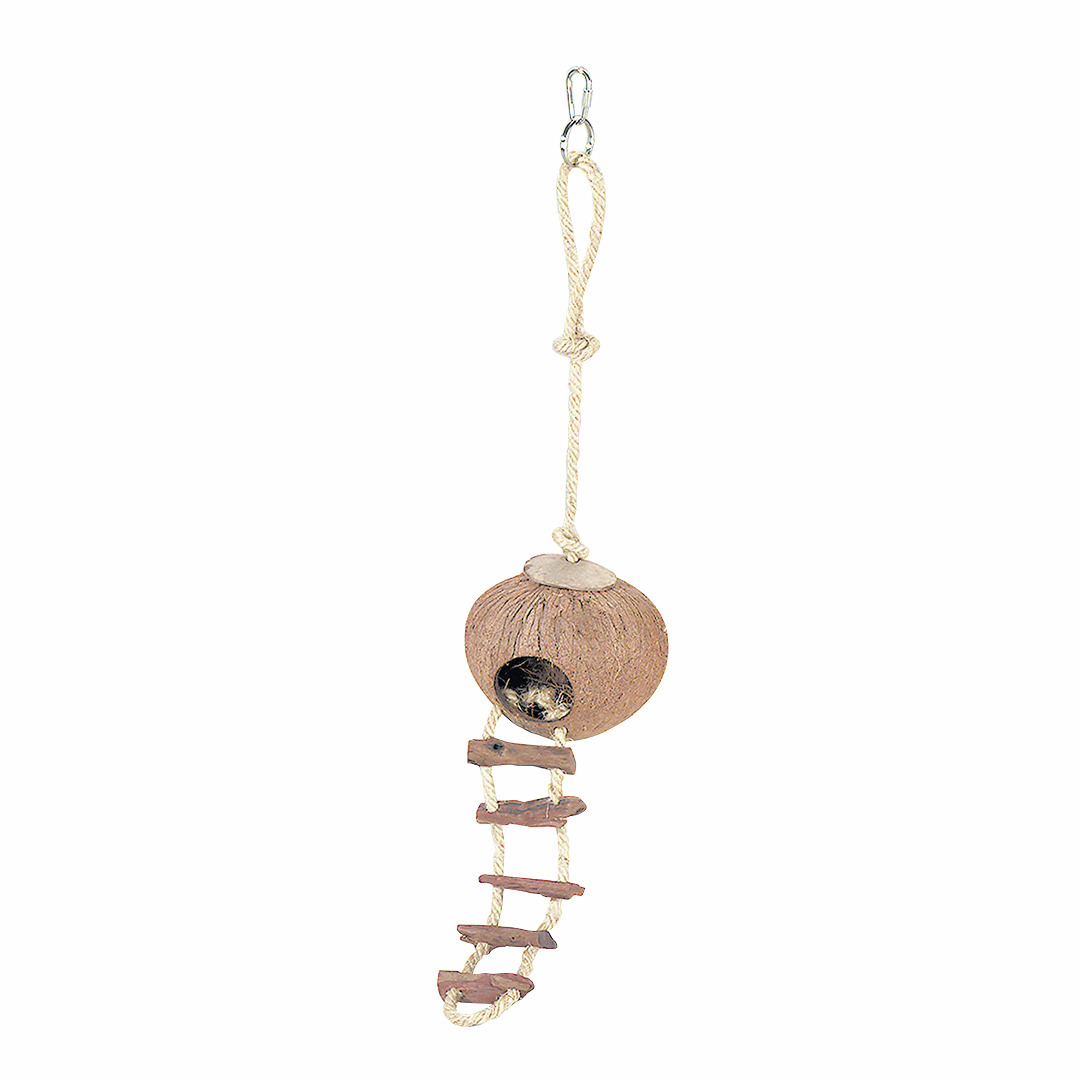 Hängendes Spielzeughaus ebi für Vögel-Nager, Kokosnuss mit Eingang, inkl. Strickleiter aus Holz-Seil, ideal zur Beschäftigung-Rückzug.