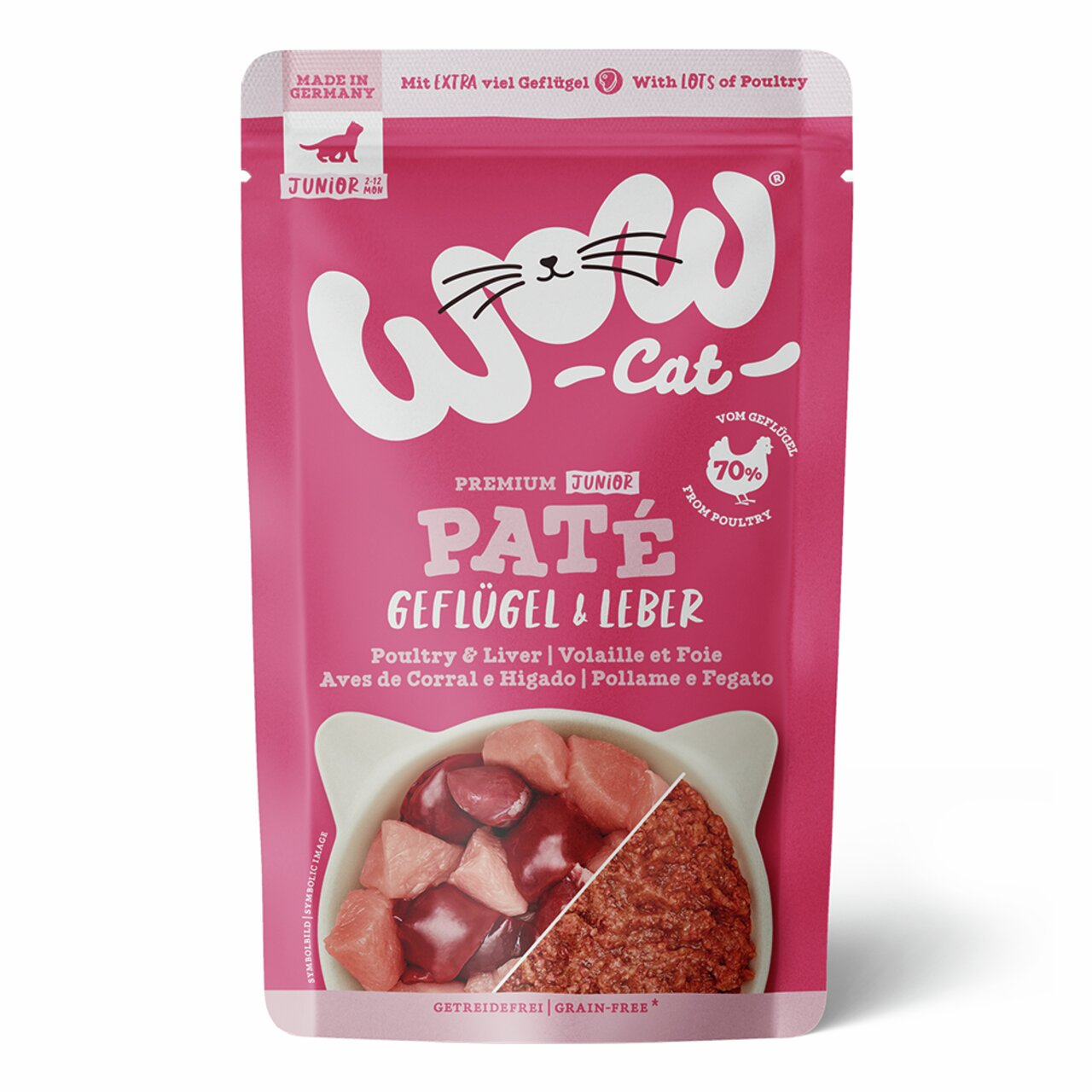 WOW CAT Premium Junior Paté Geflügel & Leber, für junge Katzen, 70 % Geflügel, getreidefrei, in Deutschland hergestellt.