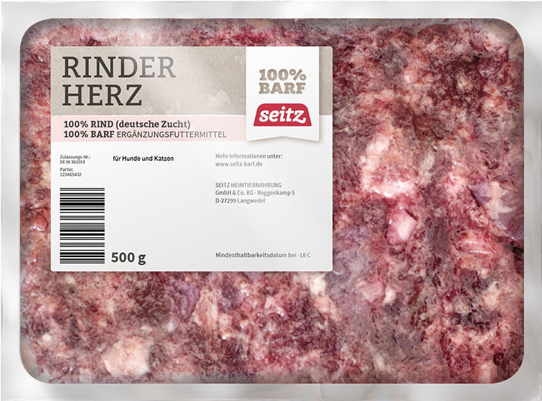 Seitz Rinderherz, Ergänzungsfutter f. Hunde/Katzen, 100 % Rind, BARF, 500 g tiefgefroren, aus dt. Zucht, MHD bei -18 °C.