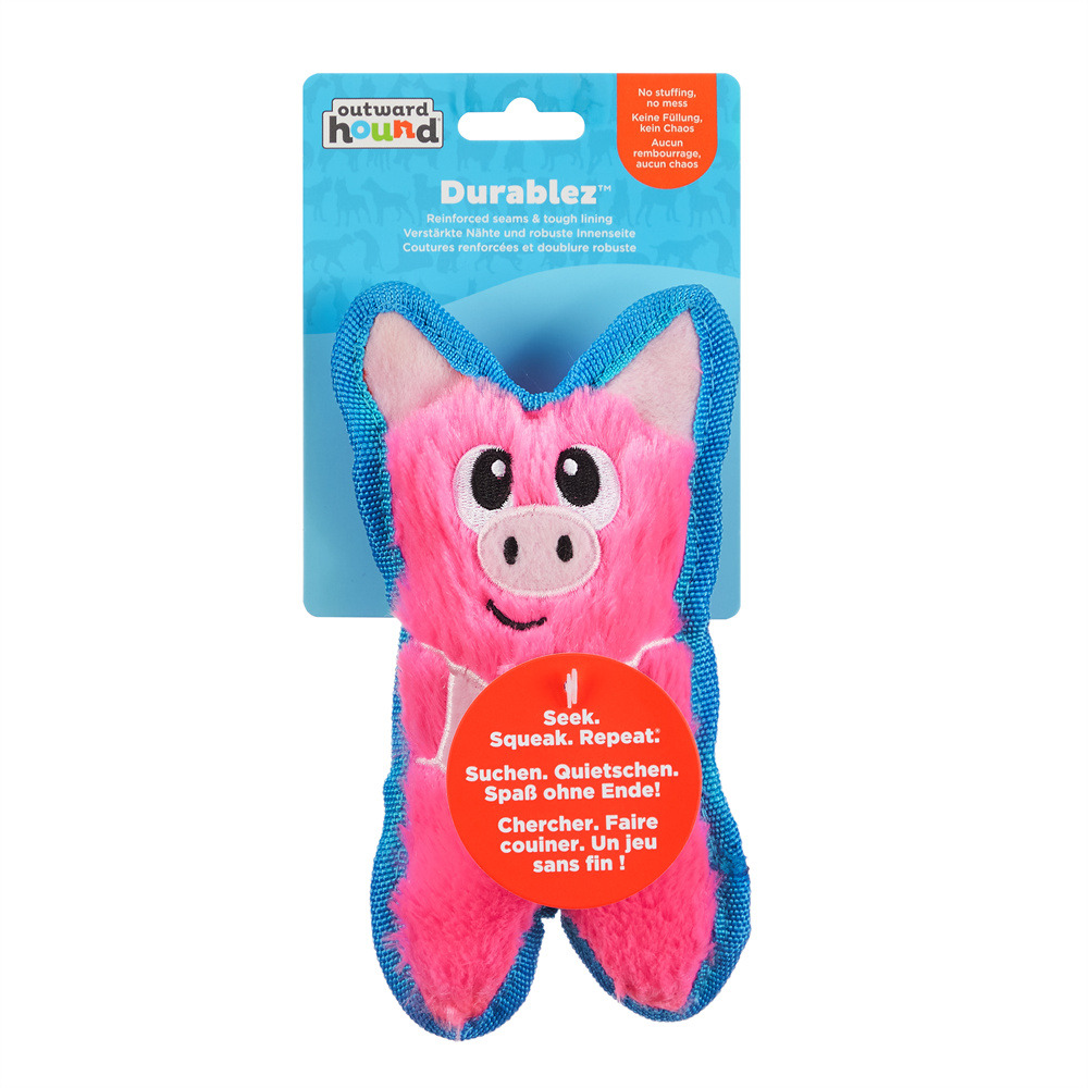 Outward Hound Durables Hundespielzeug, rosa Schwein, für Hunde, robust, mit Quietscher, ohne Füllung, „Suchen. Quietschen. Spaß ohne Ende!“.