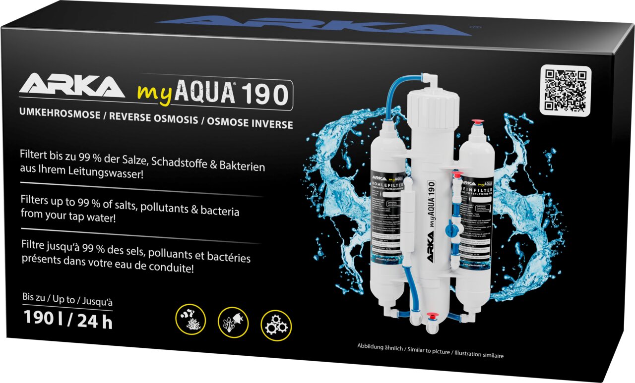 ARKA myAQUA 190 Umkehrosmoseanlage für Aquaristik, filtert bis zu 99 % Salze, Schadstoffe und Bakterien, 190 l-24 h.