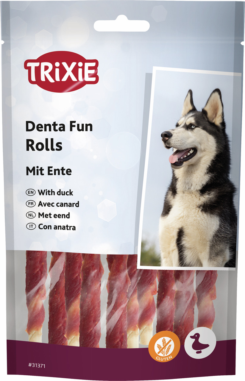 Das Bild zeigt eine Verpackung des Produkts „TRIXIE Denta Fun Rolls mit Ente“. Es handelt sich um glutenfreie Kaustangen für Hunde, umwickelt mit Entenfleisch. Die Zielgruppe sind Hunde. Die Verpackung zeigt einen Husky und hebt die Geschmacksrichtung Ent