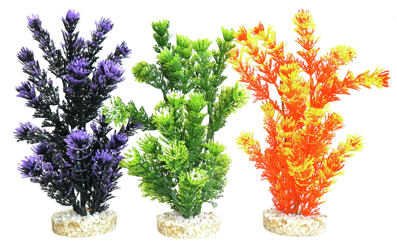 Sydeco künstl. Aquariumpflanzen-Set, für Aquarienliebhaber, Farben: Lila-Grün-Orange, mit Kiesfuß, ideal als Deko & Versteck.