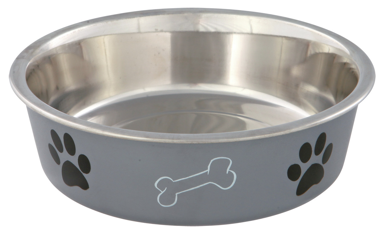 TRIXIE Futternapf aus Edelstahl für Hunde, mit Pfoten- & Knochenmotiv, robust, leicht zu reinigen, ideal für Futter-Wasser.