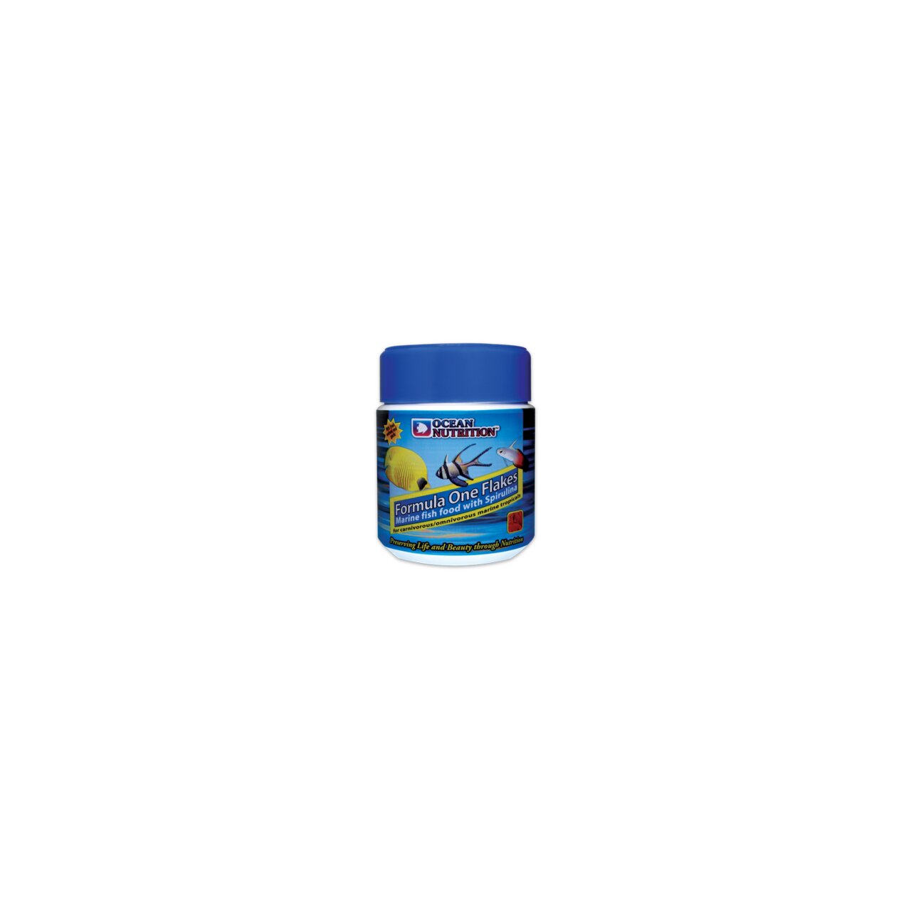 Ocean Nutrition Formula One Flakes, Meerwasserfische, Spirulina, ausgewogene Ernährung & Farben, 125g, blaue Dose mit Fischbild.
