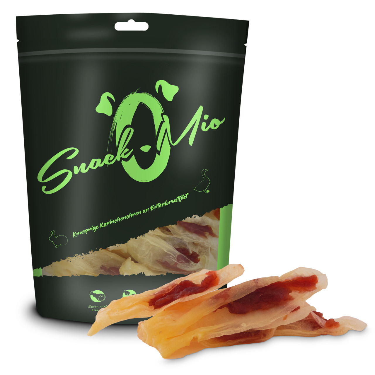 SnackOMio „Knusprige Kaustreifen an Entenbrustfilet“ für Hunde, Geschmack Ente, 125g, knusprig & aus hellen-dunklen Fleischschichten.