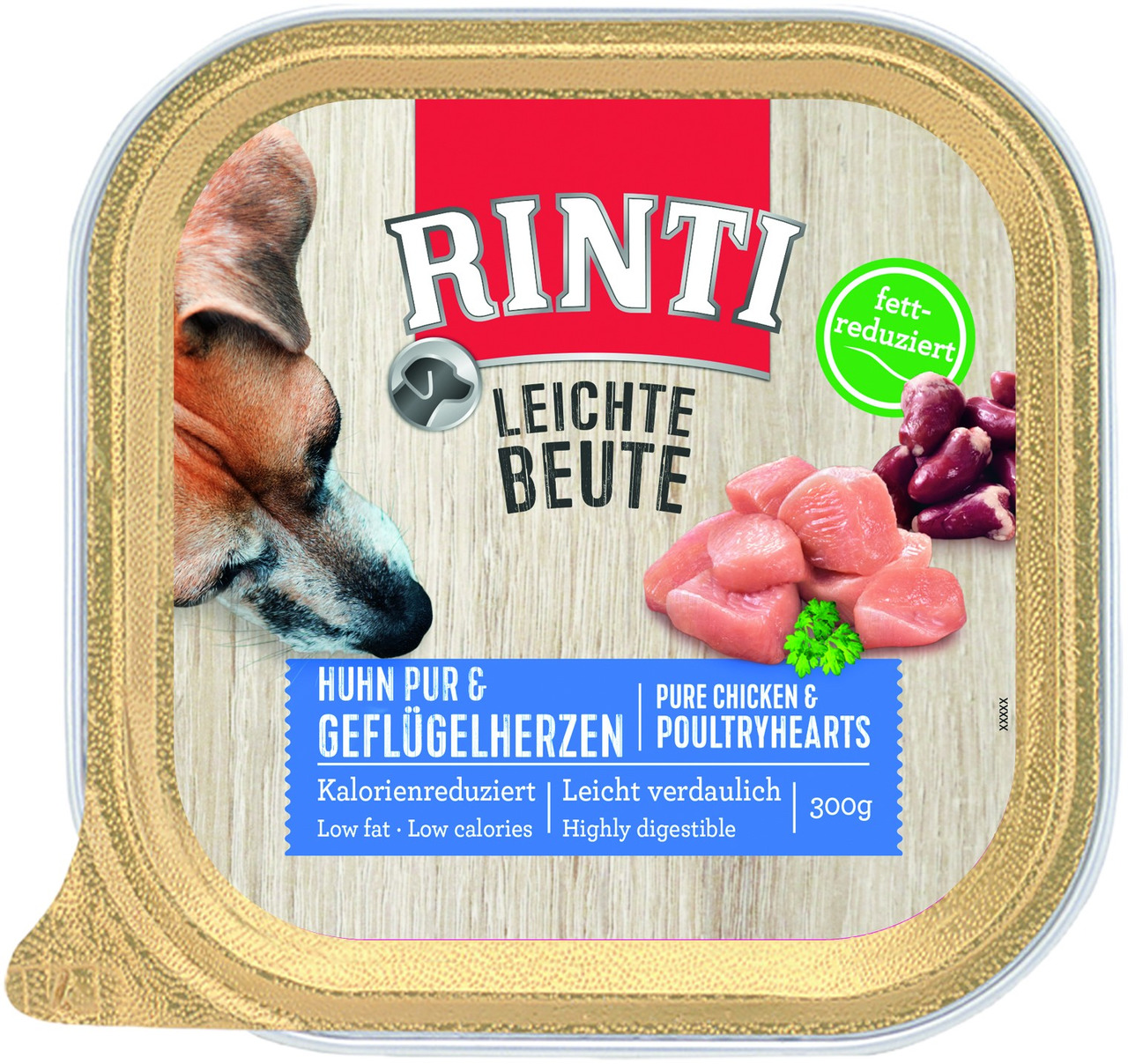 RINTI Leichte Beute Huhn pur & Geflügelherzen, für Hunde, fettreduziert, kalorienarm, leicht verdaulich, 300 g.
