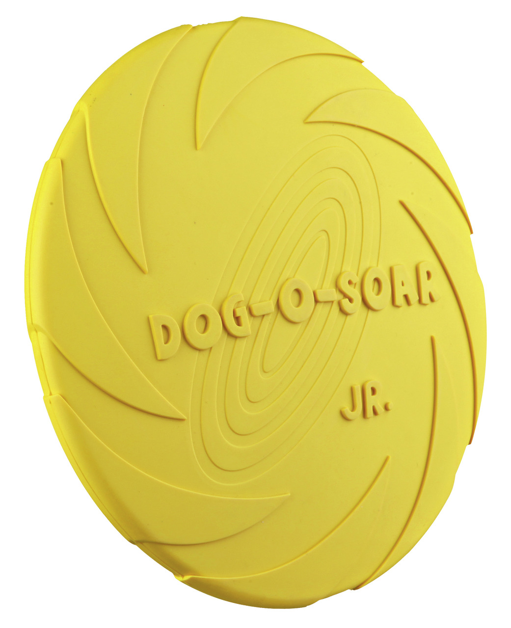 Gelbe Frisbee-Scheibe für Hunde der Marke TRIXIE, Modell "Dog-O-Soar Jr.", speziell für junge oder kleinere Hunde entwickelt. Die Scheibe besteht aus robustem, bissfestem Material und ist ideal für interaktive Spiele im Freien. Fördert Bewegung und Bindun