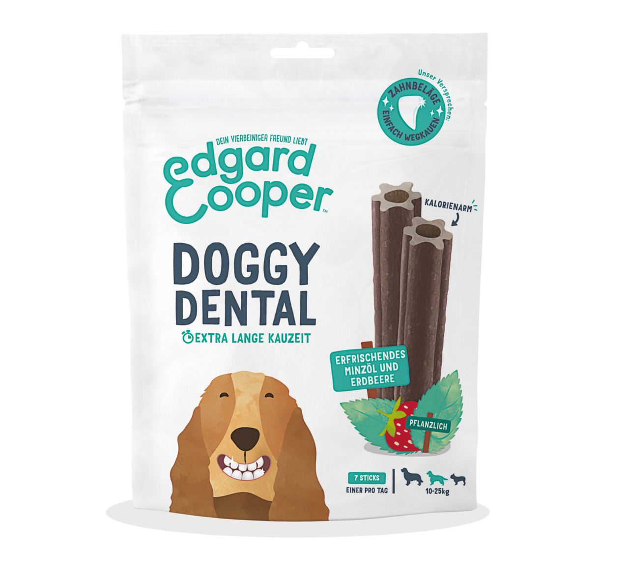 Edgard & Cooper Doggy Dental, Zahnpflegesticks für Hunde (10–25 kg), Minzöl & Erdbeere, 7 Sticks, kalorienarm, fördert Zahnpflege.
