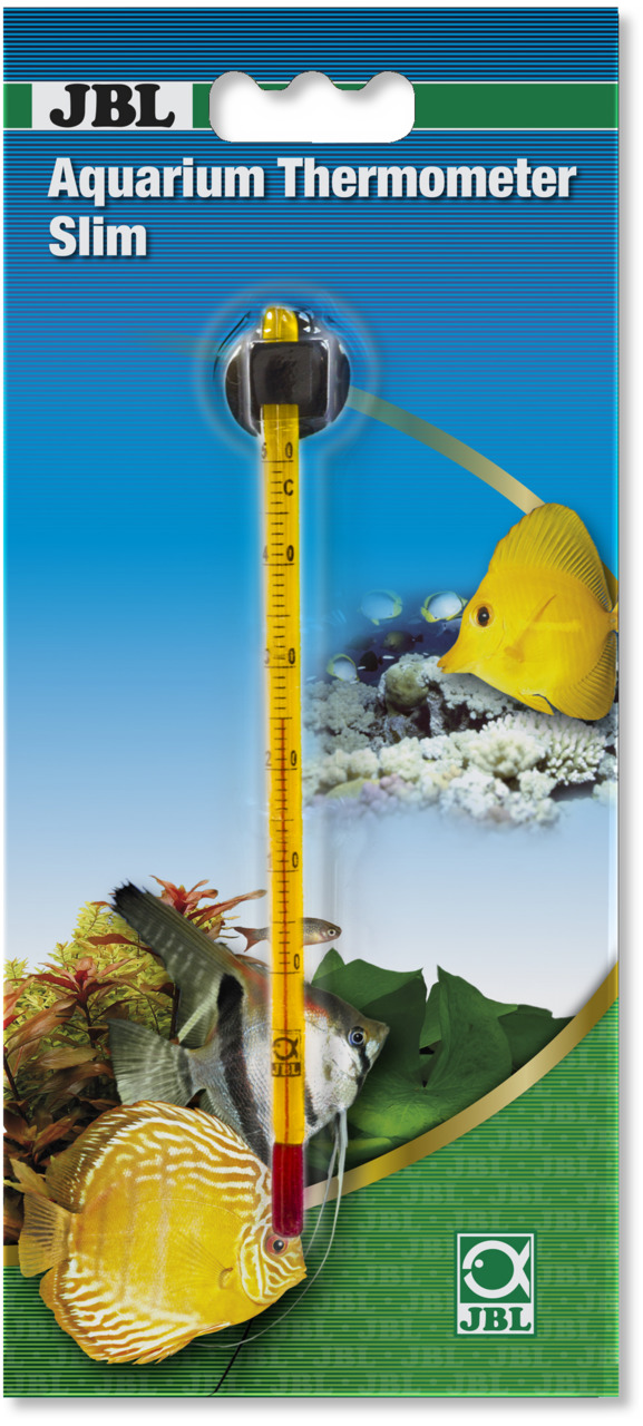 JBL Aquarium Thermometer Slim, für Aquarienbesitzer, präzise Temp.messung, gelber Messstab, Saugnapf, Fische+Pflanzen.