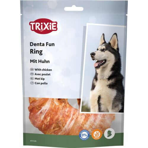TRIXIE Denta Fun Ring mit Huhn, Kausnack für Hunde, Zahnpflege, Geschmacksrichtung Huhn, Verpackung zeigt Husky u. Kauring.