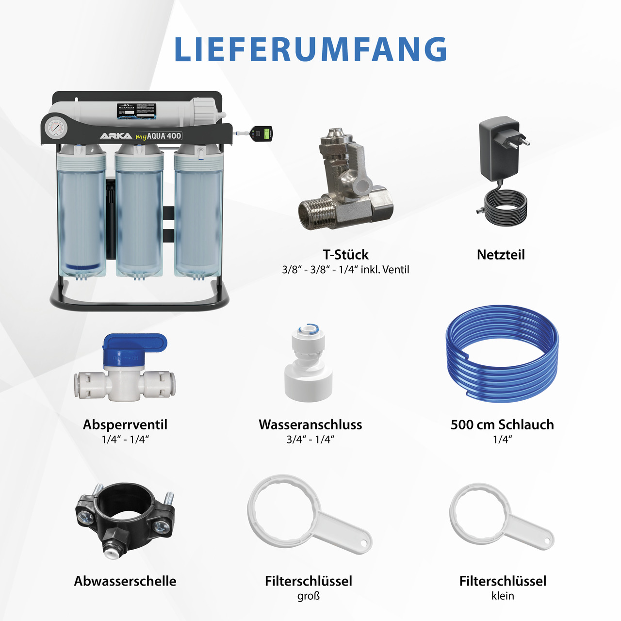 ARKA myAQUA 400 Umkehrosmose-System: Wasserfilter f. Aquaristik/Haushalt, inkl. 3 Filter, Zubehör u. 500 cm Schlauch.