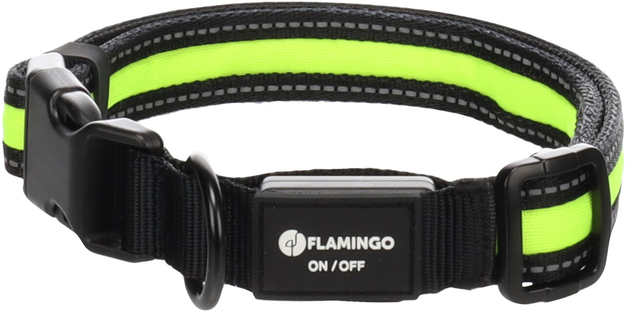 Flamingo Halsband "ON/OFF" für Hunde, Neongelb/schwarz, reflektierend, stabiler Klickverschluss, für alle Größen, ideal bei Dunkelheit.