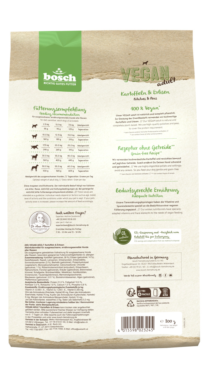 bosch VEGAN Adult Kartoffeln & Erbsen: Getreidefreies, veganes Hundefutter f. erwachsene Hunde, 800 g, mit CO2-Einsparung.