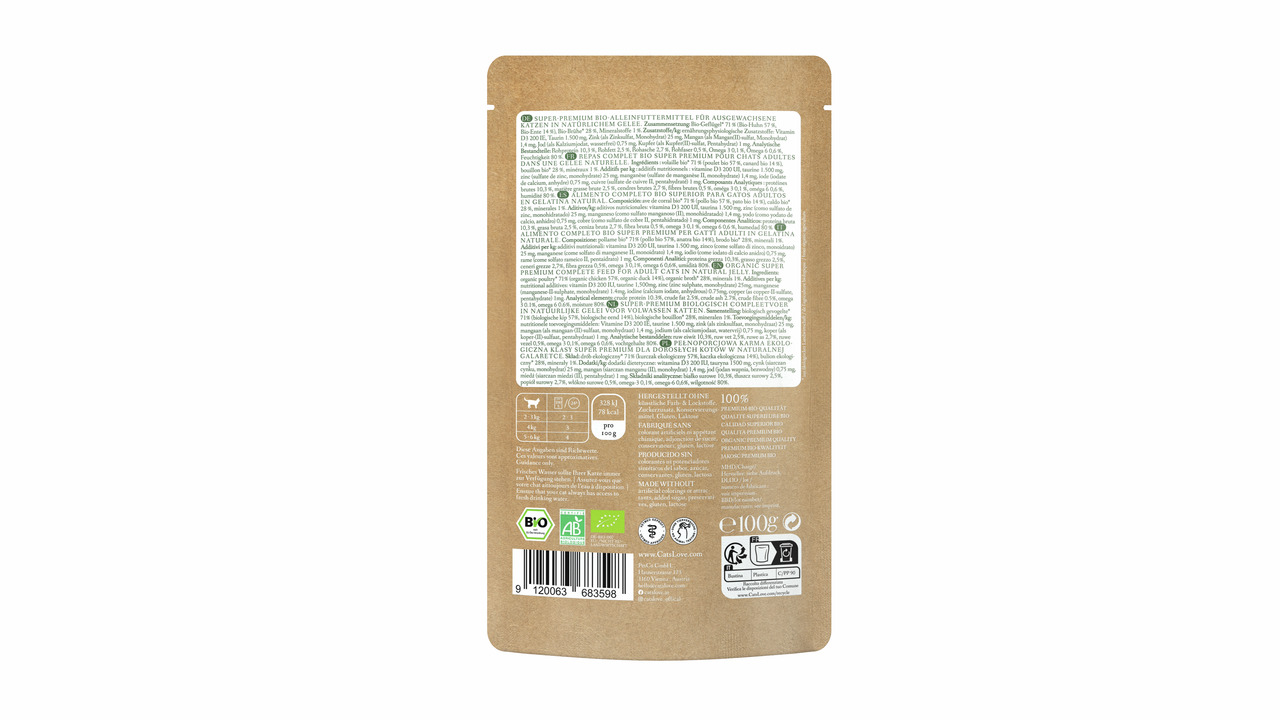 Das Bild zeigt die Rückseite einer braunen Verpackung des Katzenfutters „Cat's Love Bio Huhn“ für ausgewachsene Katzen. Es handelt sich um ein hochwertiges Bio-Alleinfuttermittel mit Huhn als Geschmacksrichtung. Die Verpackung enthält 100 g und weist Bio-