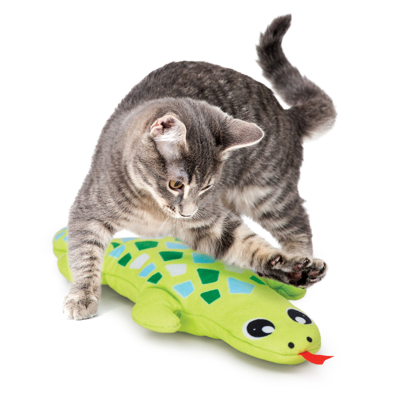 Auf dem Bild ist eine grau getigerte Katze zu sehen, die mit einem grünen Plüschspielzeug in Form eines Krokodils spielt. Das Spielzeug stammt von der Marke Catit und ist speziell für Katzen entwickelt. Es dient der Unterhaltung und fördert die Aktivität 