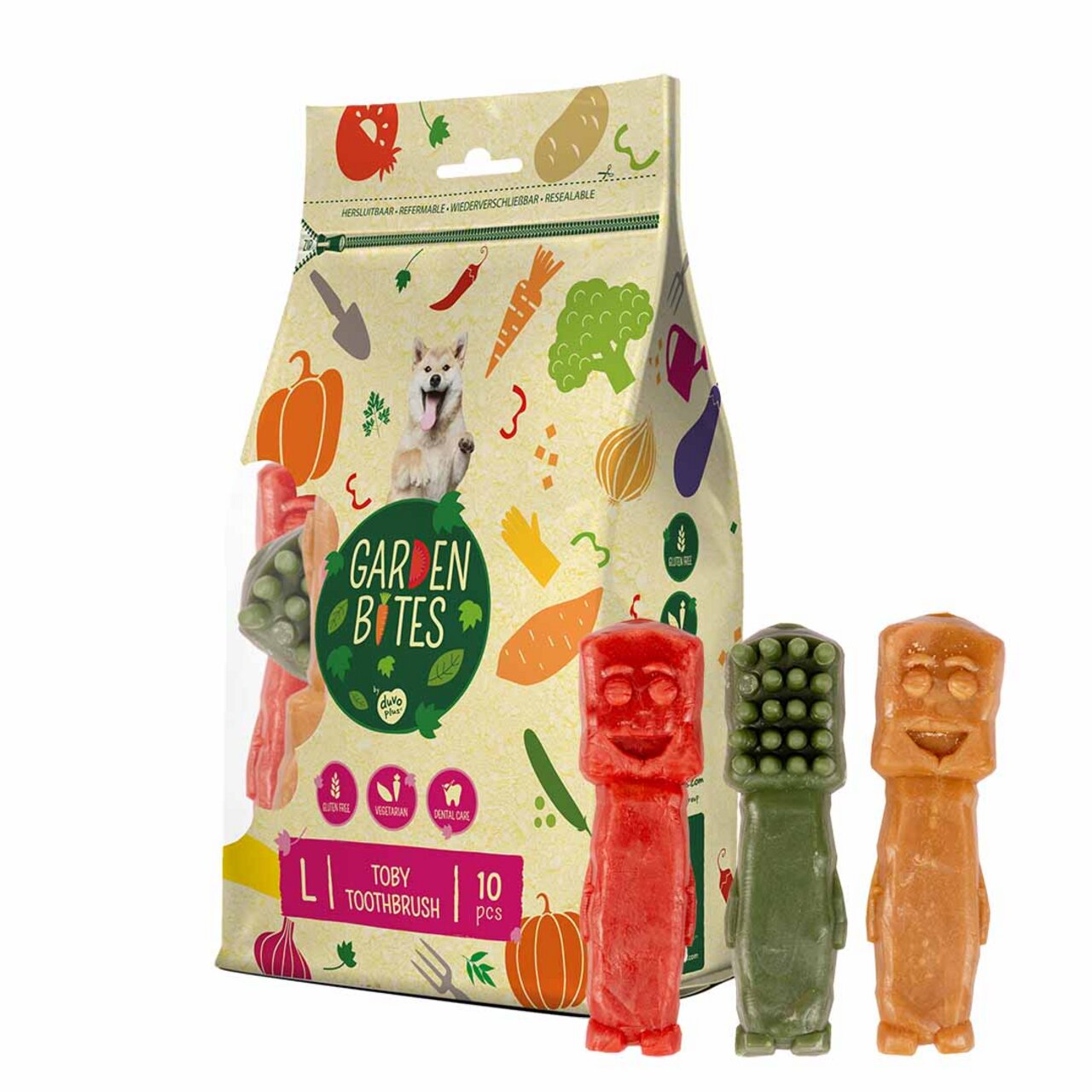 duvoplus Garden Bites Toby Toothbrush für Hunde, vegetarisch, 10 Stück, in Rot, Grün und Orange, Größe L, zahnfreundlich.