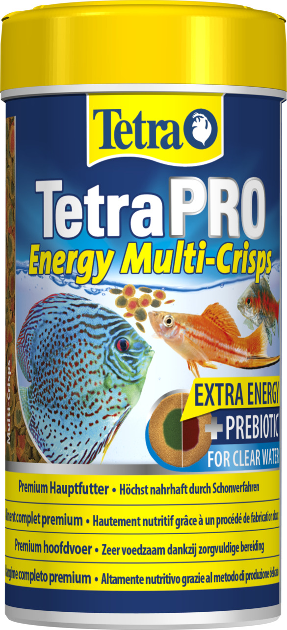 Das Bild zeigt eine Dose des Fischfutters "TetraPRO Energy Multi-Crisps" der Marke Tetra. Es handelt sich um ein Premium-Hauptfutter für Zierfische, das durch ein schonendes Herstellungsverfahren besonders nährstoffreich ist. Die Geschmacksrichtung ist ni