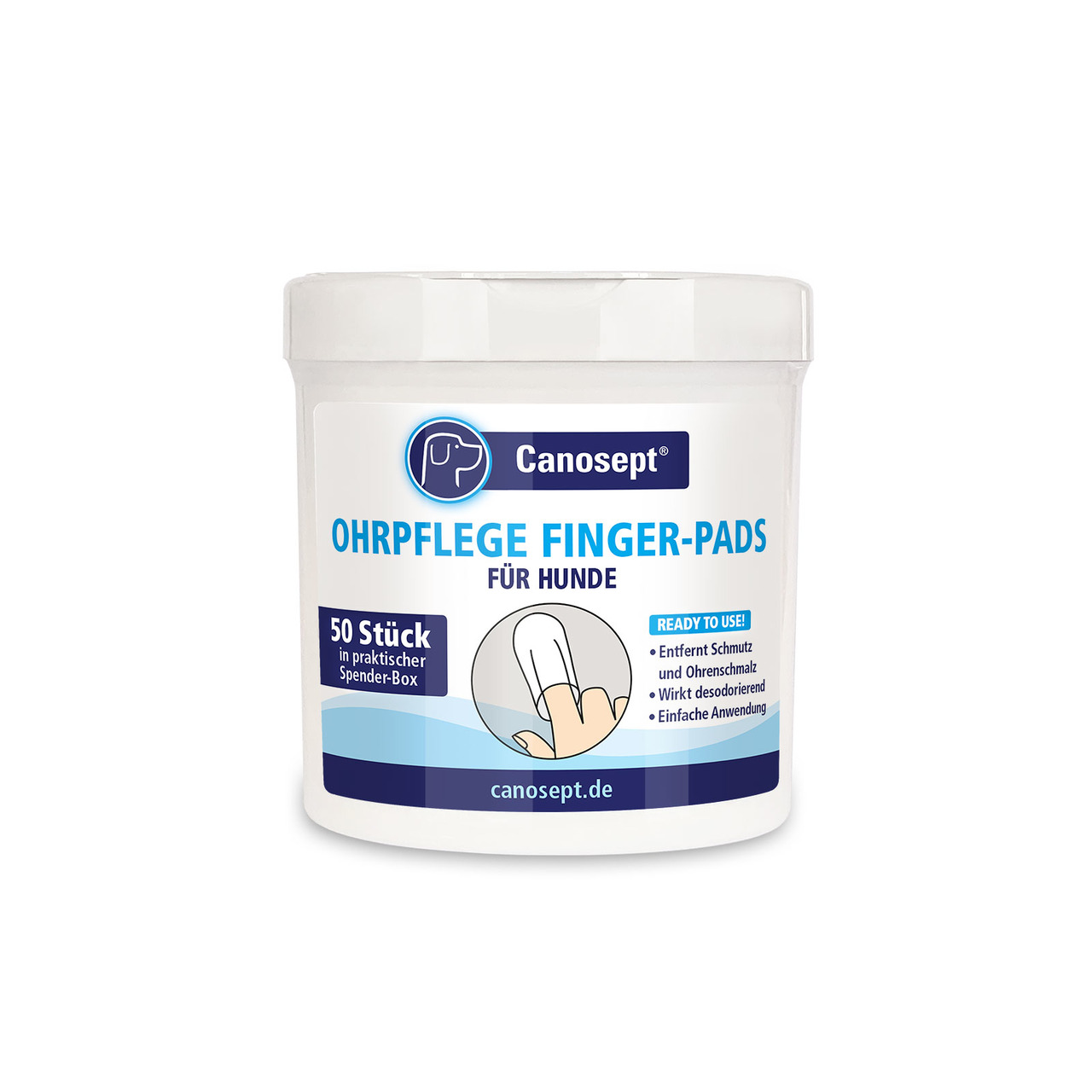 Canosept Ohrpflege Finger-Pads für Hunde, 50 Stk., entfernen Schmutz & Ohrenschmalz, desodorierend, einfach anzuwenden, Spender-Box.