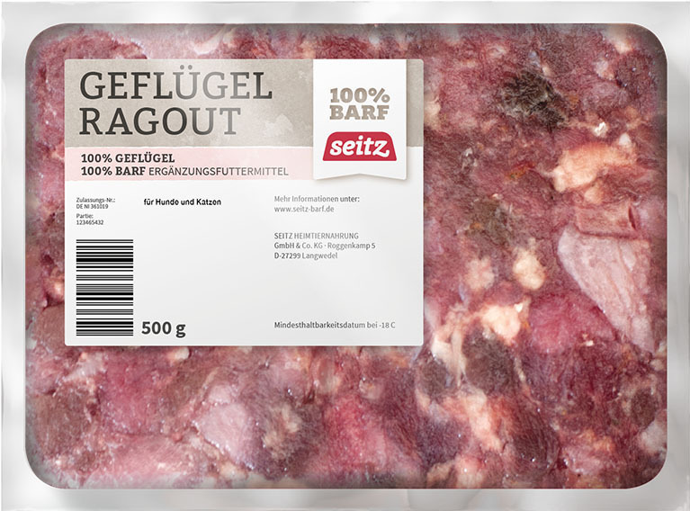 Seitz Geflügel Ragout, 100% BARF-Ergänzungsfutter, Hunde & Katzen, Geflügel, 500 g, tiefgefroren, artgerechte Ernährung.