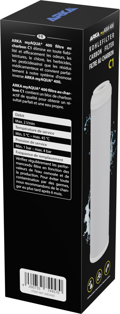 ARKA myAQUA 400 Kohlefilter C1 für Umkehrosmoseanlagen, Aktivkohlefilter für sauberes Wasser, max. 2 l-min.