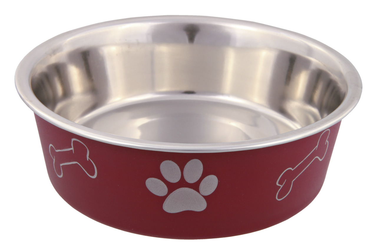 Roter Futternapf der Marke TRIXIE aus Edelstahl mit rutschfester Unterseite, geeignet für Hunde. Der Napf ist mit weißen Pfoten- und Knochenmotiven verziert. Ideal für Futter oder Wasser, langlebig und leicht zu reinigen. Perfekt für Tierhalter, die Funkt