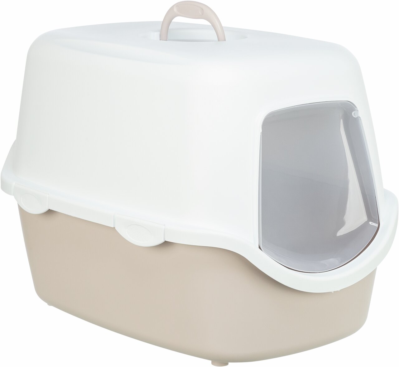 Geschlossenes Katzenklo TRIXIE, beige-weiß mit transparenter Türklappe und Griff, geeignet für Katzen, geruchshemmend.