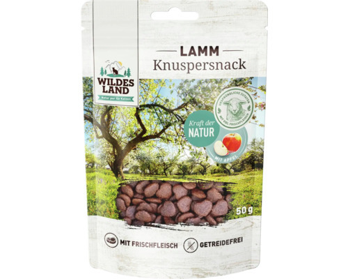 Das Bild zeigt eine Verpackung des Produkts „Wildes Land Lamm Knuspersnack“. Es handelt sich um einen getreidefreien Snack für Hunde, hergestellt mit Frischfleisch. Die Geschmacksrichtung ist Lamm. Die Verpackung enthält 50 g und zeigt eine natürliche Lan
