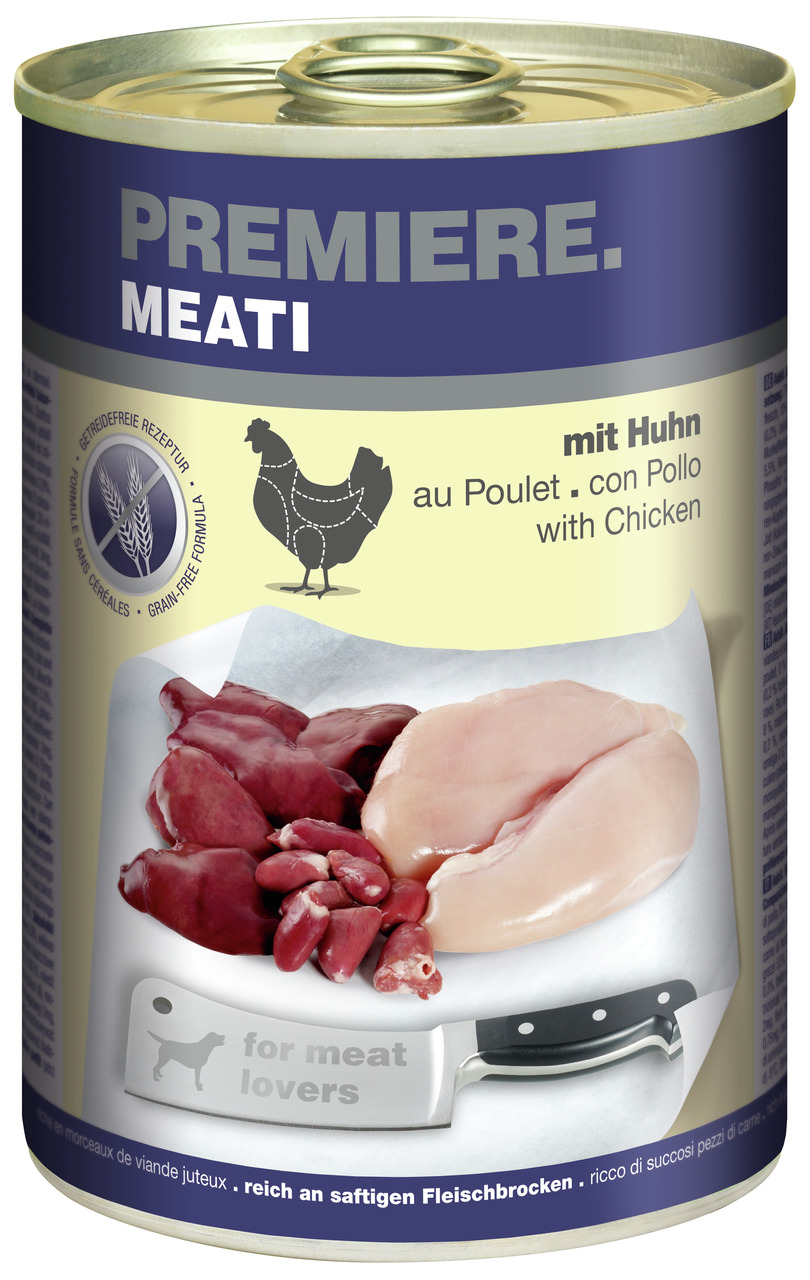 Das Bild zeigt eine Dose Hundefutter der Marke PREMIERE mit dem Produktnamen "MEATI". Die Geschmacksrichtung ist Huhn, dargestellt durch frische Hühnerbrust, Innereien und Herzen. Zielgruppe sind Hunde, speziell Fleischliebhaber. Die Dose enthält eine get